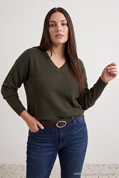 Trendyol Curve Wardrobe Essentials Khaki V-Neck 100% Wool Plus Size Knitwear ...