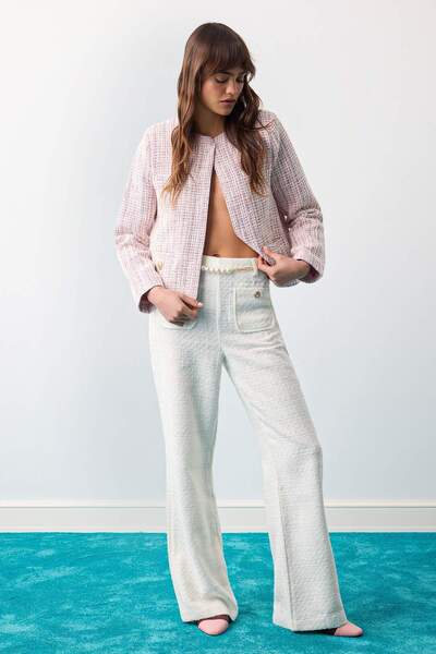 Trendyol Collection Ecru Accessory Belted Tweed Trousers Twoaw27Pl00080