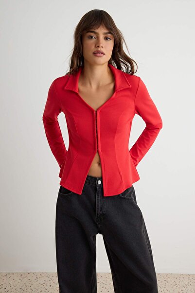 Trendyol Collection Red Polo Collar Agraflı Ftited/Fitted Stretchy Knitted Bl...