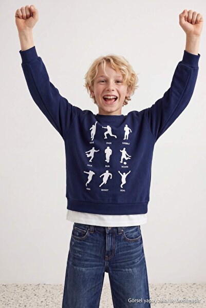 TRENDYOLKIDS Navy Blue Printed Knitted Sweatshirt Tkdaw27Sw00068