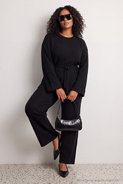 Trendyol Curve Black Corduroy Belted Pants & Sweater Knitwear Bottom - Top Se...