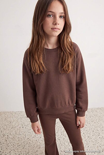 TRENDYOLKIDS Light Brown Girls' Soft Touch Plain Knitted Sweatshirt Tkdaw27Sw...