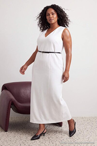 Trendyol Curve Ecru Woven Plus Size Dress Tbbaw27Ah00072
