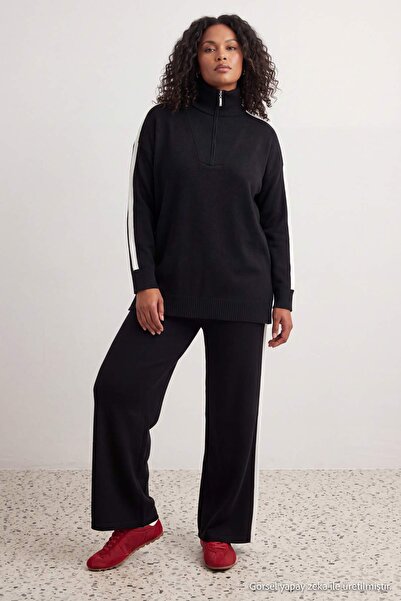 Trendyol Curve Black Stripe Detailed Turn-Down Collar Knitwear Top and Bottom...
