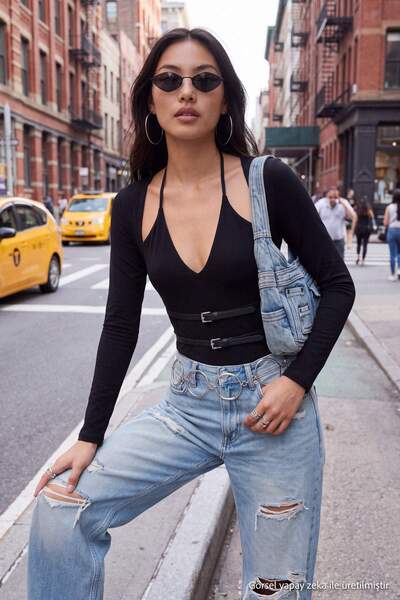 Trendyol Collection Black Deep V-Neck Snap Belt Detailed Bodysuit Tpraw27Bd00028