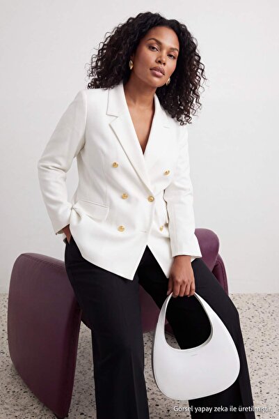 Trendyol Curve Ekru Astarlı Kruvaze Kapama Dokuma Blazer Ceket TBBAW26AG00011