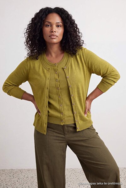 Trendyol Curve Oil Green Double Button Look Thin Seasonal Crop Knitwear Cardi...