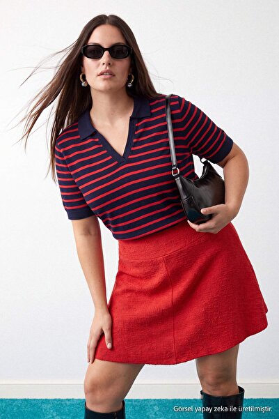 Trendyol Curve Red Skater Tweed Mini Knitted Plus Size Skirt Tbbaw27Az00041
