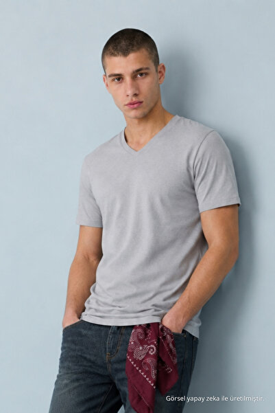 DAMGA JEANS Ανδρικό μπλουζάκι σε ίσια γραμμή, γκρι, με λαιμόκοψη V