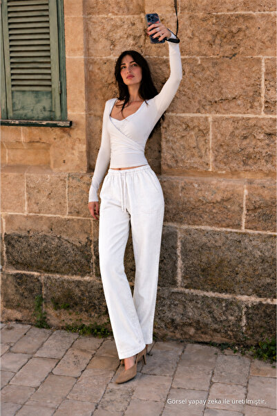 DAMGA JEANS Women's Elastic Waist Jogger White Linen Trousers