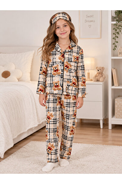 Fil Kids Girl's Cotton Suede Fabric Beige Teddy Bear Plaid Pattern Buttoned S...