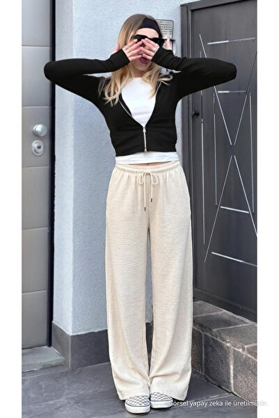 DAMGA JEANS Γυναικείο λινό παντελόνι παλάτσο σε εκρού χρώμα με υφή και φαρδιά...