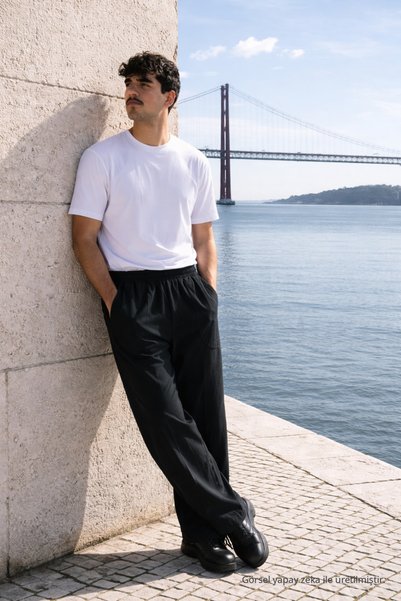 DAMGA JEANS Erkek Beli Lastikli Jogger Siyah Keten Pantolon
