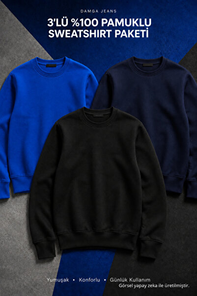 DAMGA JEANS 3 Adet Erkek Pamuklu Salaş Basic Kışlık Sweatshirt