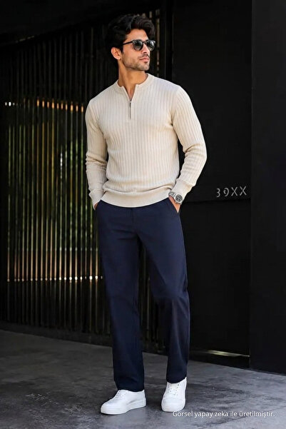 DAMGA JEANS Men's Premium Knitwear Striped Cream Winter Sweater