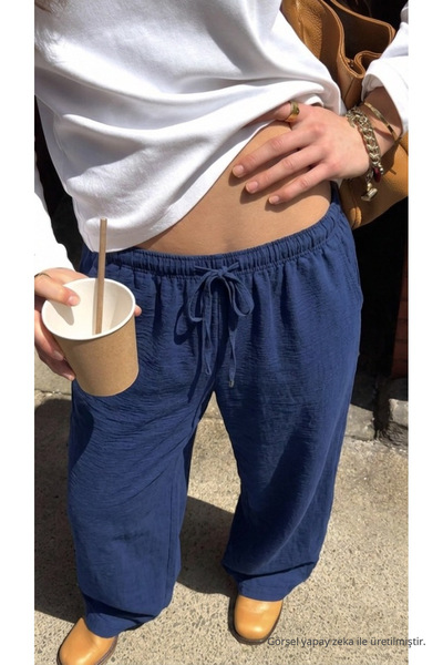 DAMGA JEANS Women's Textured Navy Blue Palazzo Linen Trousers with Elastic Waist