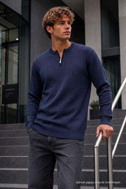DAMGA JEANS Men's 95% Cotton Striped Anti-Pilling Navy Blue Knit Sweater