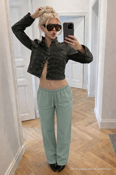 DAMGA JEANS Women's Trendy Low Waist Loose S.Green Linen Trousers