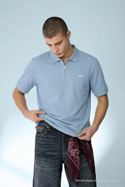 DAMGA JEANS Ανδρικό μπλουζάκι casual σε μπλε χρώμα με φαρδύ γιακά πόλο