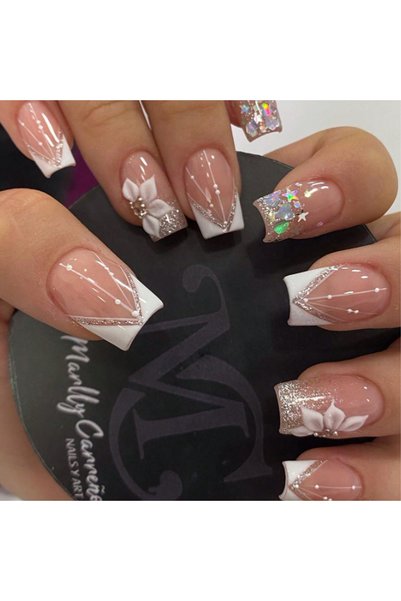 Choice Beige 24PCS Square Press Nail White French Pointed Fake Nail with Flas...