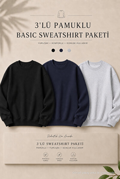 DAMGA JEANS 3 Adet Erkek %100 Pamuk Regular Fit Basic Sweatshirt