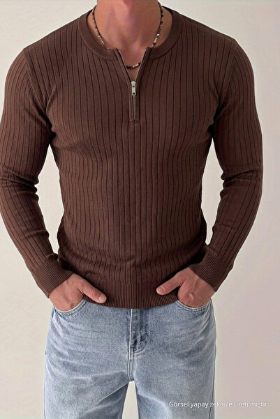 DAMGA JEANS Men's Winter High Collar Brown Knitwear Sweater