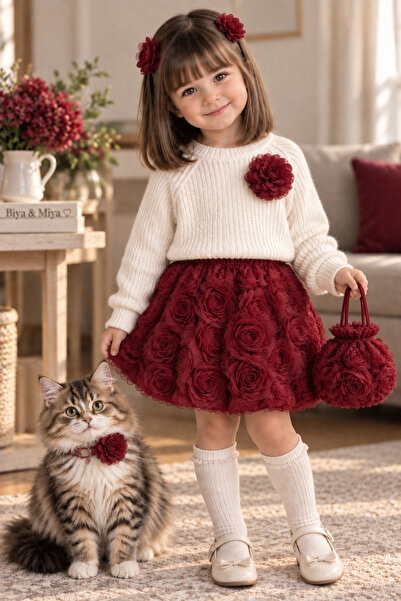 TREND NATURAL Girls' Knit Sweater and Rose Detail Skirt Buckle and Bag 2-8 Ye...