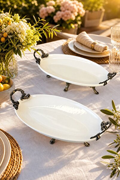 MAY HOME 2'Li Porselen Kulplu Kayık Tabak & Oval Meze Sunumluğu Servisliği