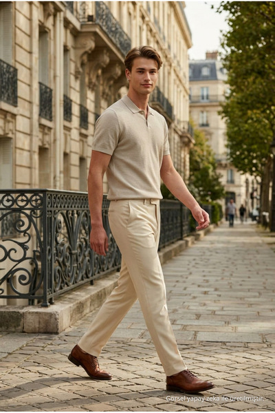 DAMGA JEANS تي شيرت رجالي صيفي بأكمام قصيرة وياقة بولو باللون البيج