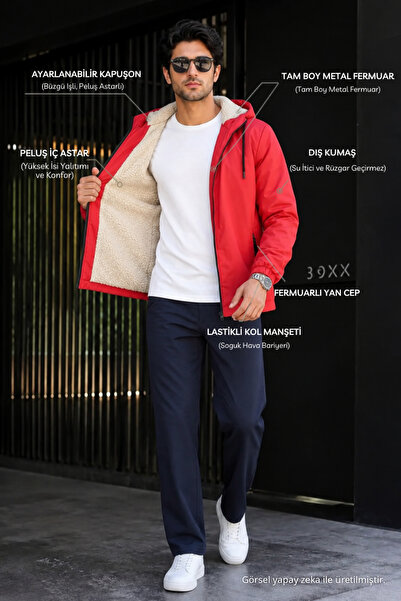 DAMGA JEANS Men's Trendy Red Zippered Plush Lined Raincoat