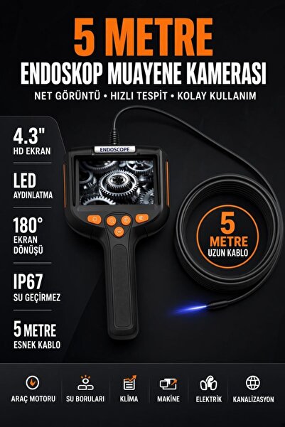 Sezy 5 Metre Endoskop Yılan Kamera Ip67 Su Geçirmez 4.3"Hd Ekranlı Ledli Tek ...