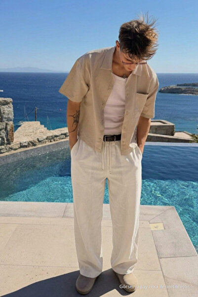 DAMGA JEANS Men's Summer White Baggy Linen Trousers with Elastic Waist