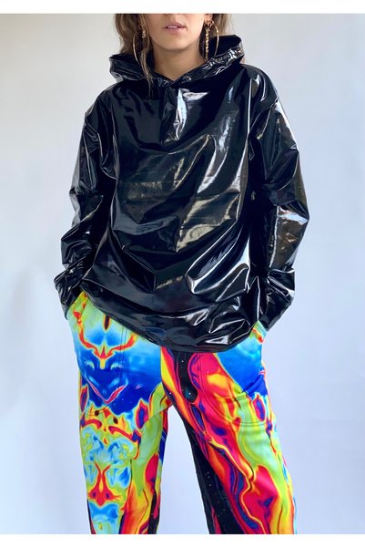 Hello Stranger Siyah Rugan Deri Sweatshirt Hoodie Kapüşonlu