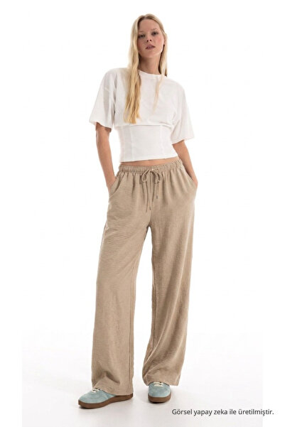 DAMGA JEANS Γυναικείο καλοκαιρινό άνετο λινό παντελόνι σε κρεμ απόχρωση με ελ...