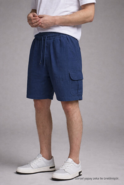 DAMGA JEANS شورت رجالي من الكتان باللون الأزرق الداكن مع جيوب كارجو وحزام خصر...
