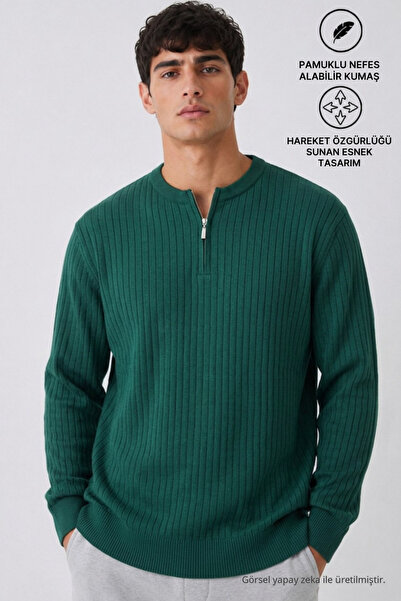 DAMGA JEANS Men's Cotton Striped Anti-Pilling Green Knit Sweater
