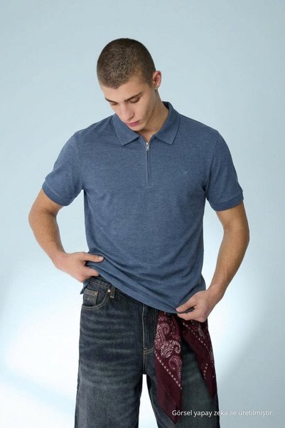 DAMGA JEANS Ανδρικό μπλουζάκι casual μπλε με φαρδύ γιακά πόλο