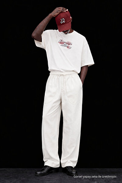 DAMGA JEANS Men's Low Waist Premium Loose Fit White Linen Trousers