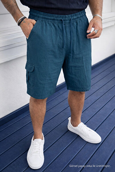 DAMGA JEANS شورت رجالي من الكتان باللون الأزرق الداكن مع جيوب كارجو فضفاضة من...