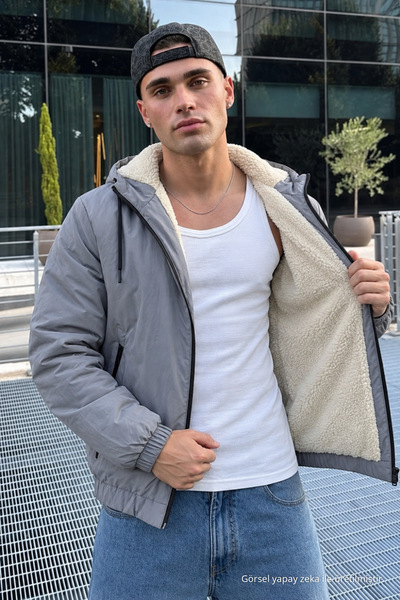 DAMGA JEANS Men's Thick Gray Hooded Raincoat & Windbreaker with Fur Lining