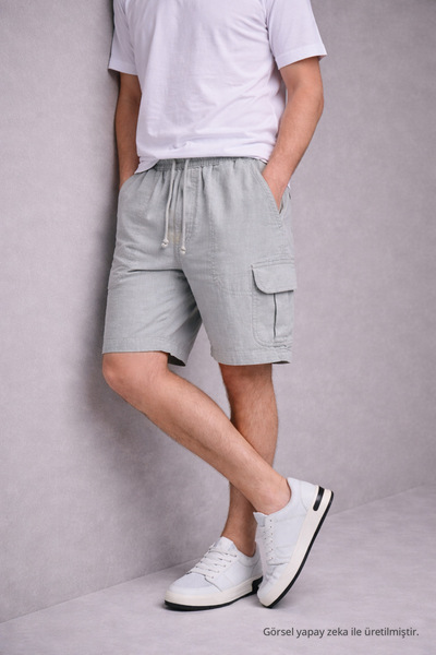 DAMGA JEANS Men's Casual Cargo Pocket Gray Linen Shorts with Elastic Waist