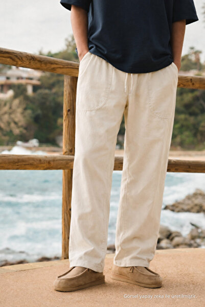 DAMGA JEANS Men's Relax Fit Summer Loose White Linen Trousers