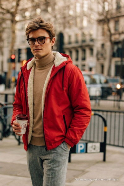 DAMGA JEANS Men's Trendy Red Raincoat & Windbreaker with Fur Inside