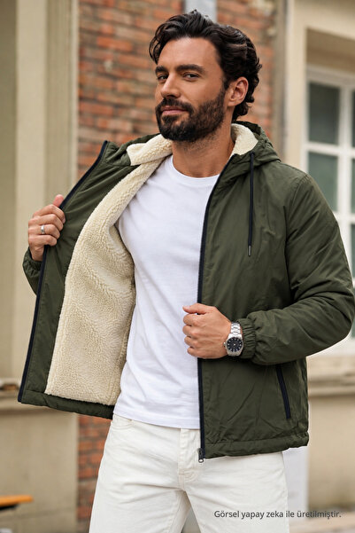 DAMGA JEANS Erkek İçi Kürklü Kışlık Haki Fermuarlı Yağmurluk