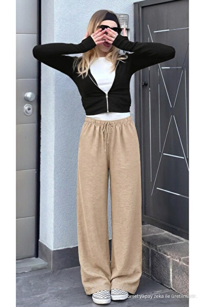 DAMGA JEANS Γυναικείο λινό παντελόνι Palazzo με υφή, φαρδιά μπατζάκια, σε κρε...