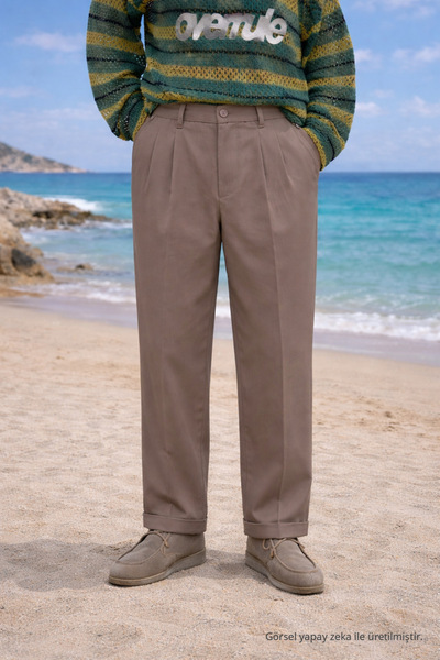DAMGA JEANS Pantaloni de vară pentru bărbați, cu talie înaltă, plisați, din ț...