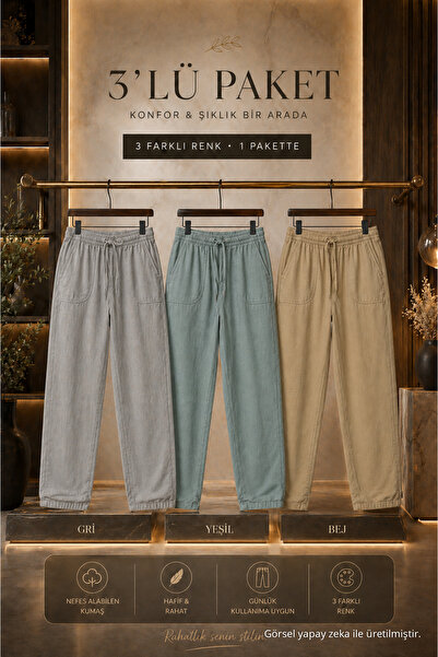 DAMGA JEANS 3 Pieces Men's High Waist Elastic Summer Linen Trousers