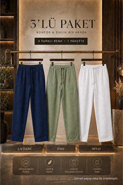 DAMGA JEANS 3 Pieces Men's High Waist Elastic Summer Linen Trousers