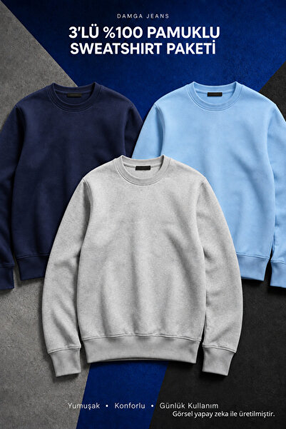 DAMGA JEANS 3 Adet Erkek Pamuklu Salaş Basic Kışlık Sweatshirt