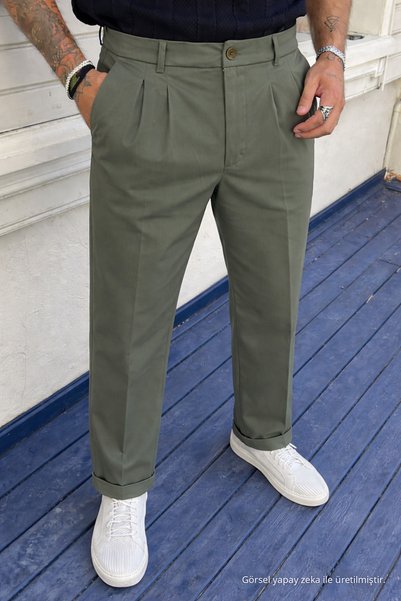 DAMGA JEANS Men's High Waist Regular Fit Khaki Fabric Trousers